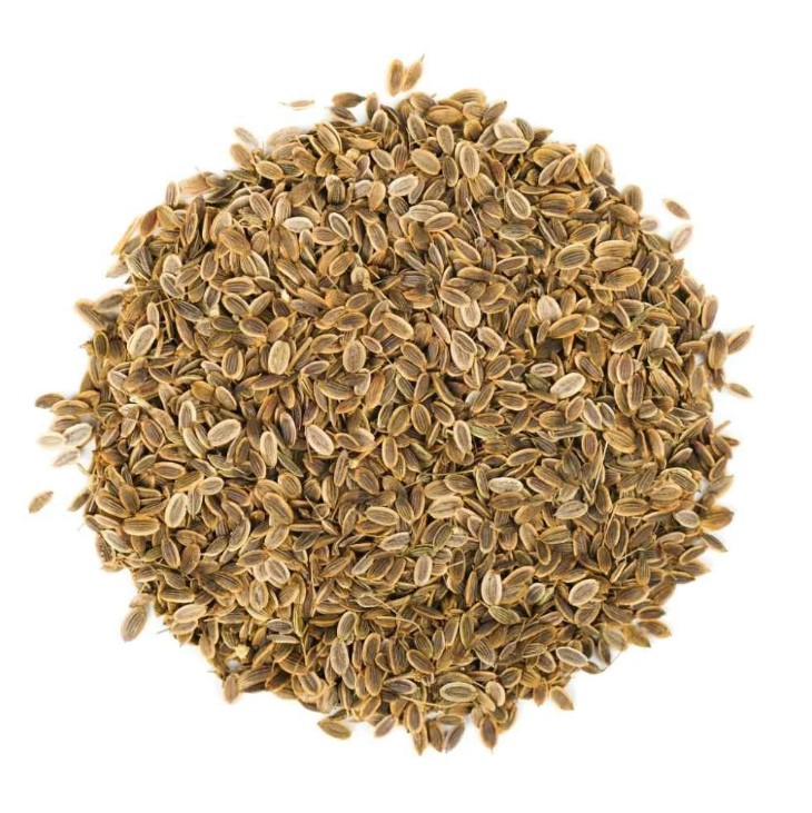 A circular pile of dill seeds sit on a white background