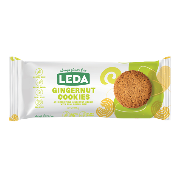 Rectangular plastic packet of biscuits with a gingernut biscuit on the right side with a green splash of colour behind it